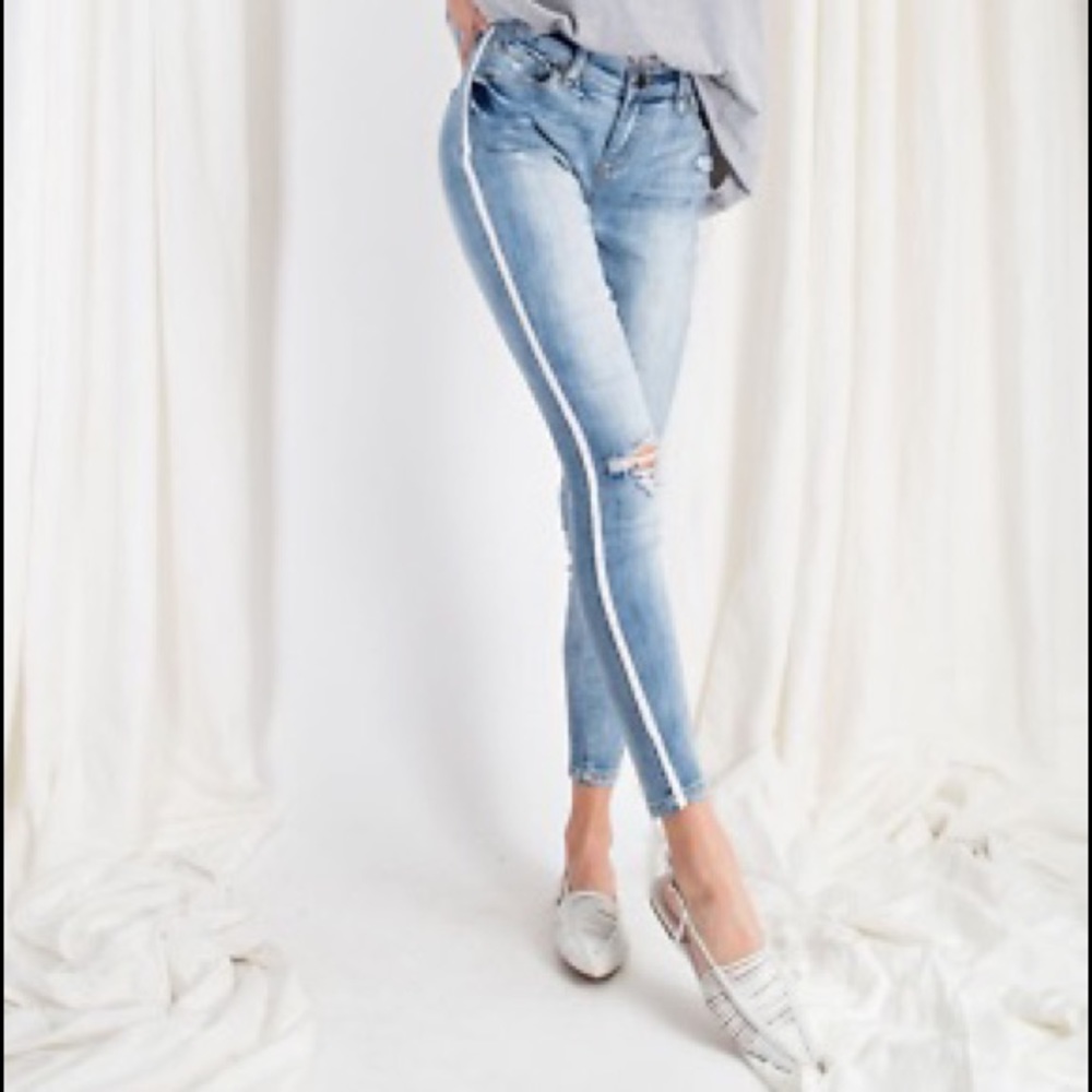 EASEL | Striped Distressed Ripped Blue Skinny Jeans